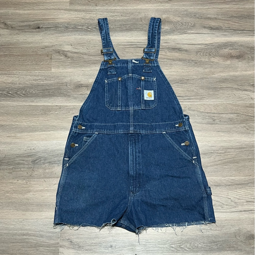 Carhartt 34 Denim Blue Jean Bibs Coveralls Shortalls Cutoff Pockets Rugged Y2K